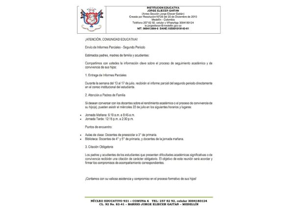 Envío de informes parciales del segundo periodo